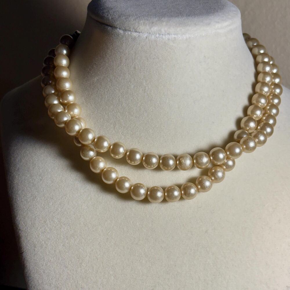 Classic Cream Faux Pearl Double Strand Necklace Bridal Style Elegant Layered